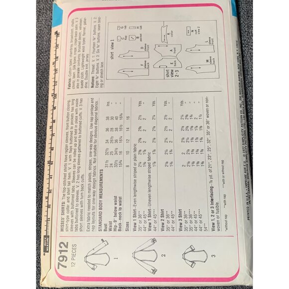 Simplicity Misses Shirt Sewing Pattern sz 12 7912 - uncut - Picture 3 of 3